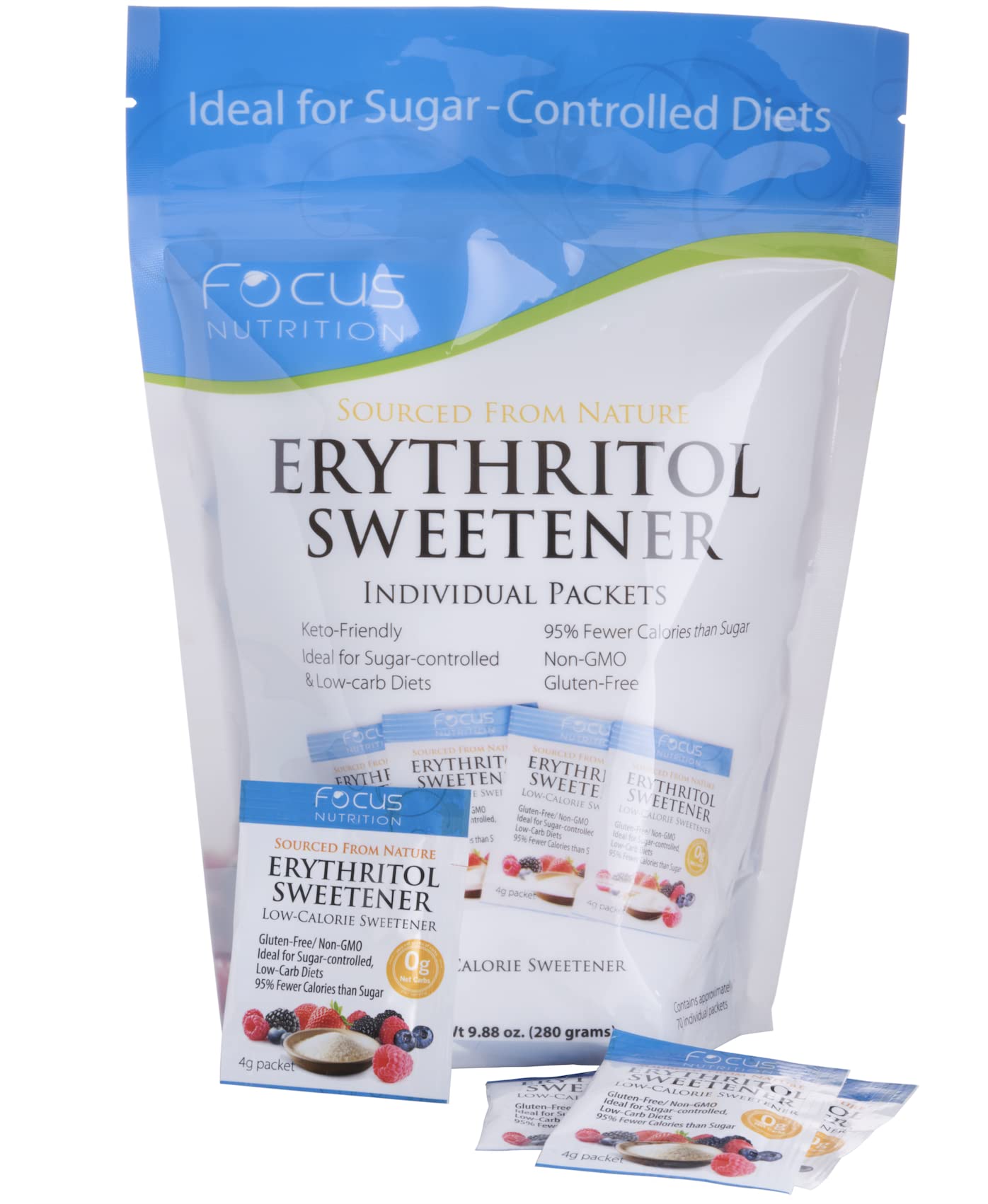 Focus Nutrition Erythritol Sweetener Individual Packets 70 Count Bag - Low Calorie, Carb, Keto Friendly Sugar Substitute