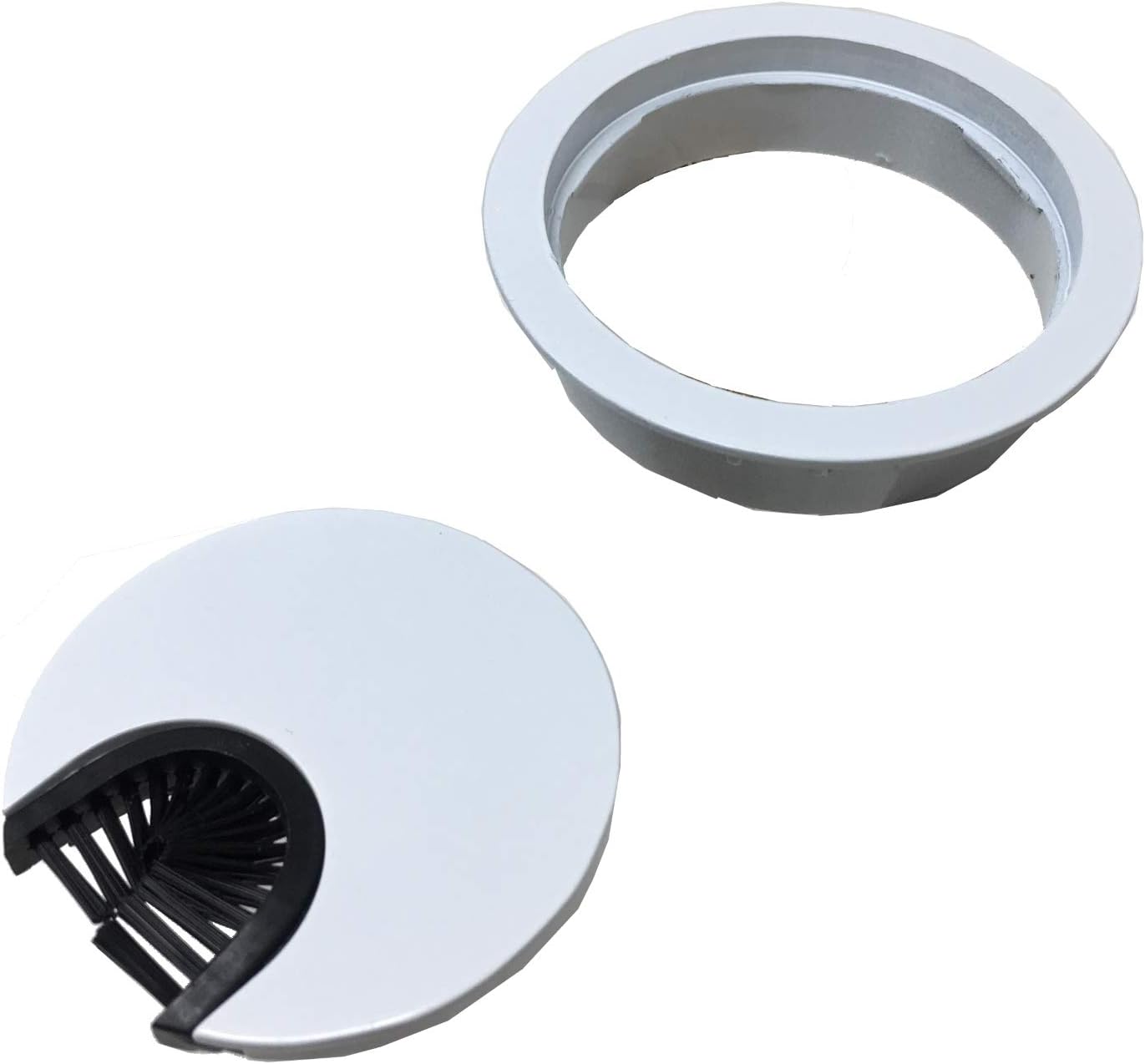 Gloss White Metal Cable Grommet | 2 Piece "Lock in" Feature with "Brush" Opening for Management of Office & Computer Desk Wires | 60mm (2 3/8") Hole Opening | 5 Pack