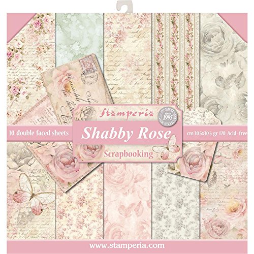 Stamperia handicraft paper block with patterns for scrapbooks, albums, bullet journals and more - acid -free,double-sided-craft paper colorful for hobbies and as a gift (shabby rose) (30.5 x 30.5 cm)