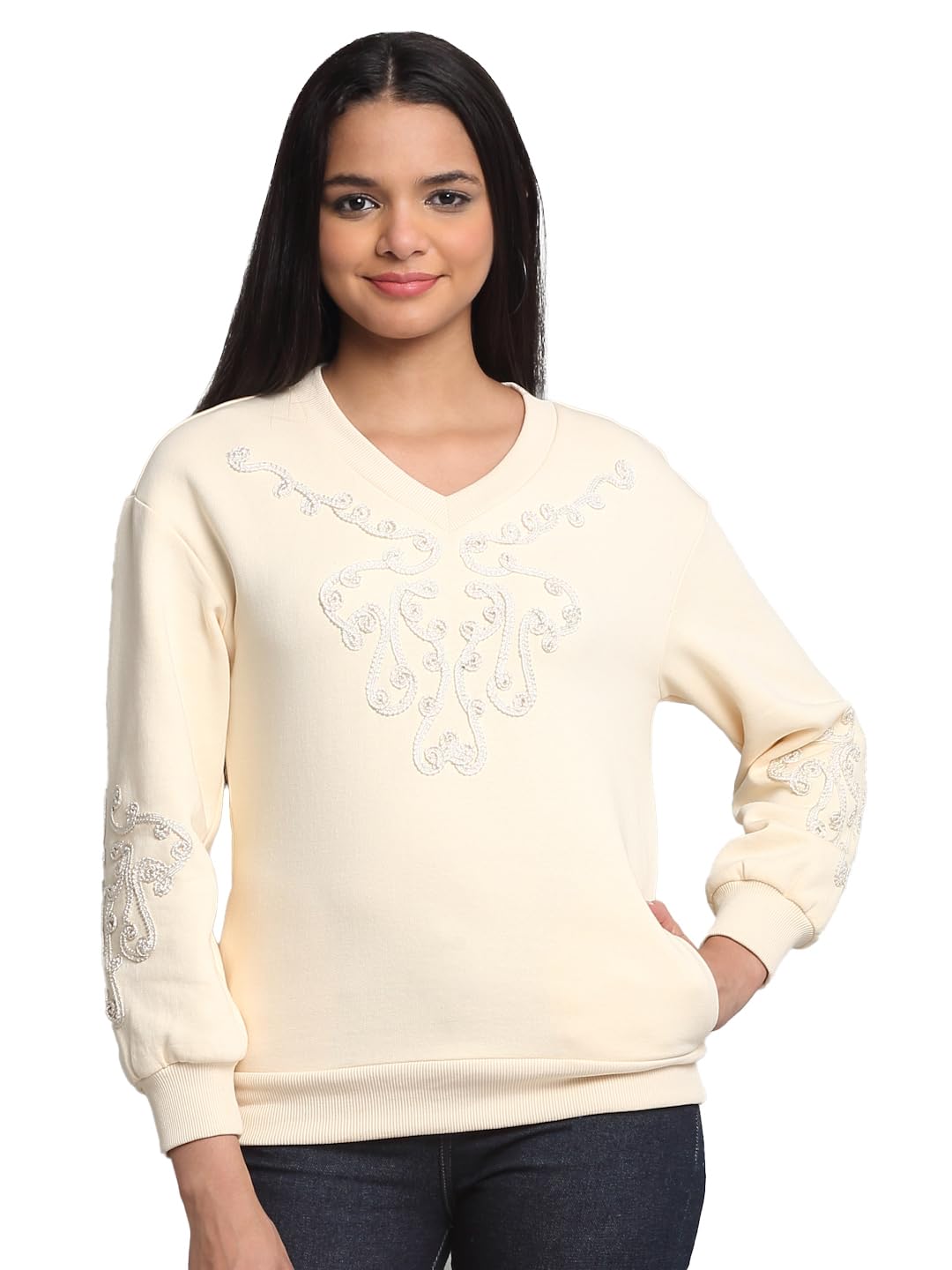 shaye Ivory V-Neck Embroidered Long Sleeves Sweatshirts for Women-picture-47