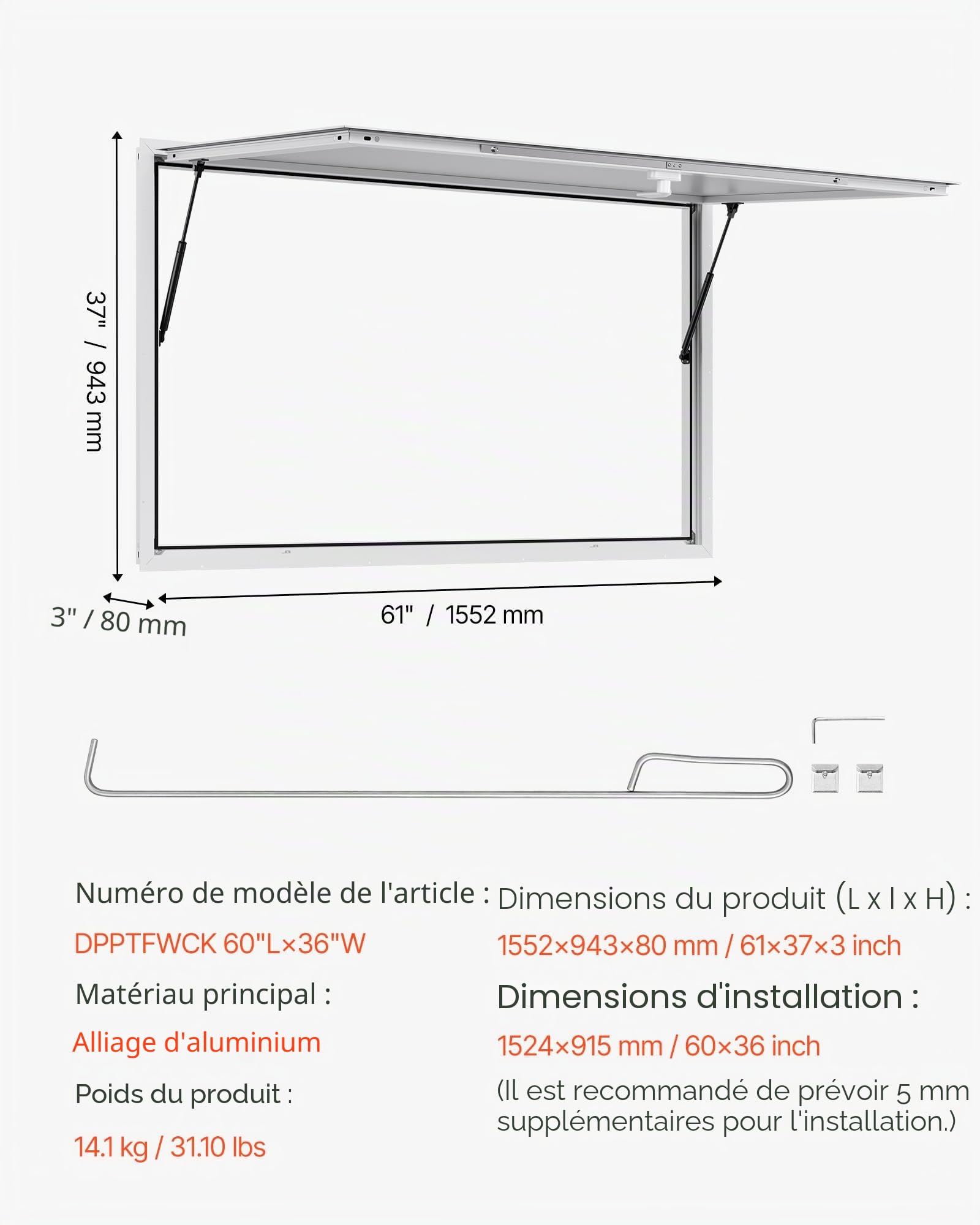 VEVOR Fenêtre de Concession pour Camion Restaurant 152,4x91,5 cm, Fenêtre de Service pour Stand de Vente, Cadre en Alliage d'Aluminium, sans Verre, avec Porte à Auvent et Crochet de Traction