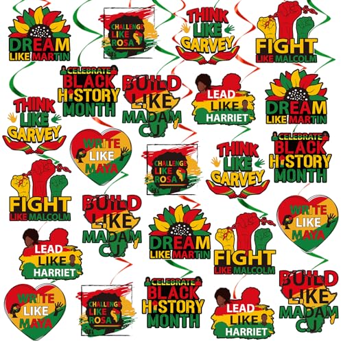 Hokinaa Black History Month Decorations - 24Pcs African BHM Worthwhile Commemoration Festival Hanging Swirls Foil Ceiling Decor African American Celebration Party Supplies for Home, Office, School