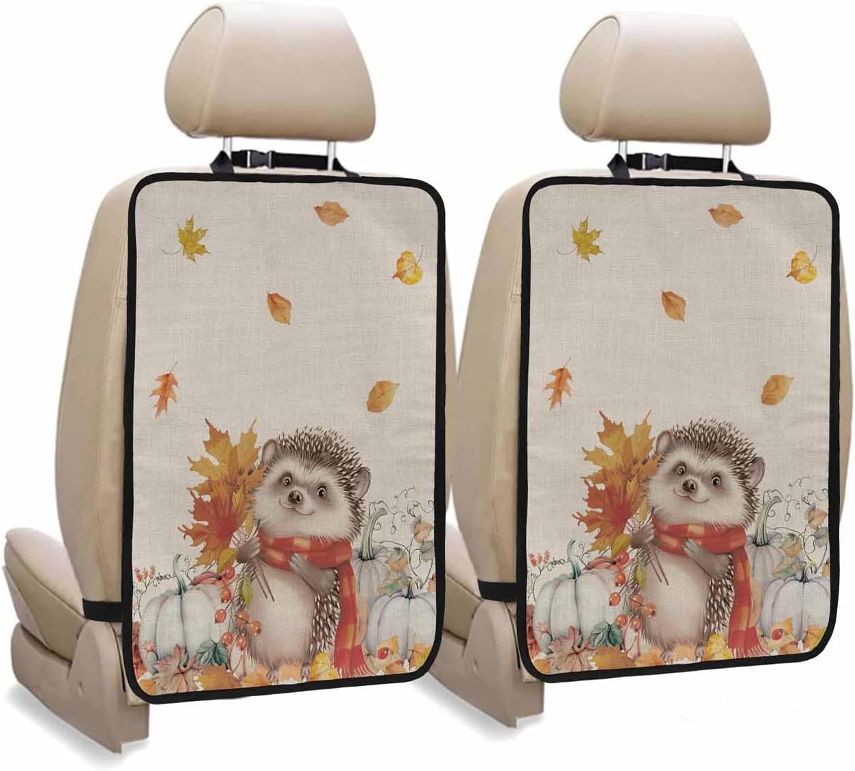 T&H XHome Car Seat Protector, 2 Pack Kick Mats Back Seat Protector Fall Animal Thanksgiving Pumpkin Hedgehog Leaves Waterproof Backseat Cover for Kids Universal Fit Automotive Interior Protectors