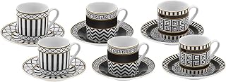 Karaca Helenistik Porcelain Turkish Coffee Cups Set for 6 - 12pc 80ml Espresso Cups with Saucers, Black & White Gift Set