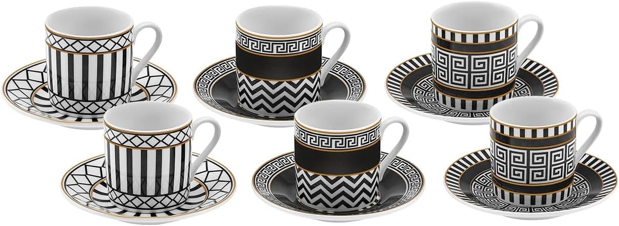 KARACA Helenistik 12-Piece Turkish Coffee Cup Set for 6 People, 80ml, Small Espresso Cups with Saucers, Porcelain Turkish Coffee Set, Black & White Design