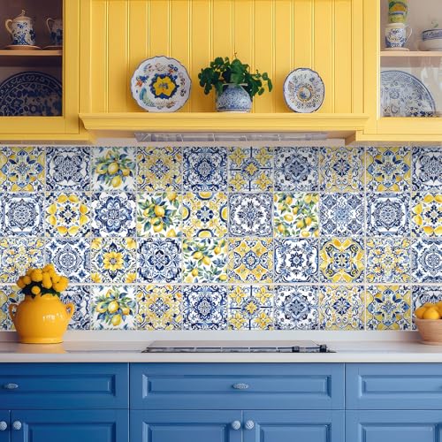 Faccito 24 Pcs Lemon Tile Stickers 4x4 Inch Watercolor Mediterranean Lemon Summer Peel and Stick Removable Self Adhesive PVC Waterproof Tile Stickers Amalfi Coast Decor for Kitchen Bathroom Backsplash