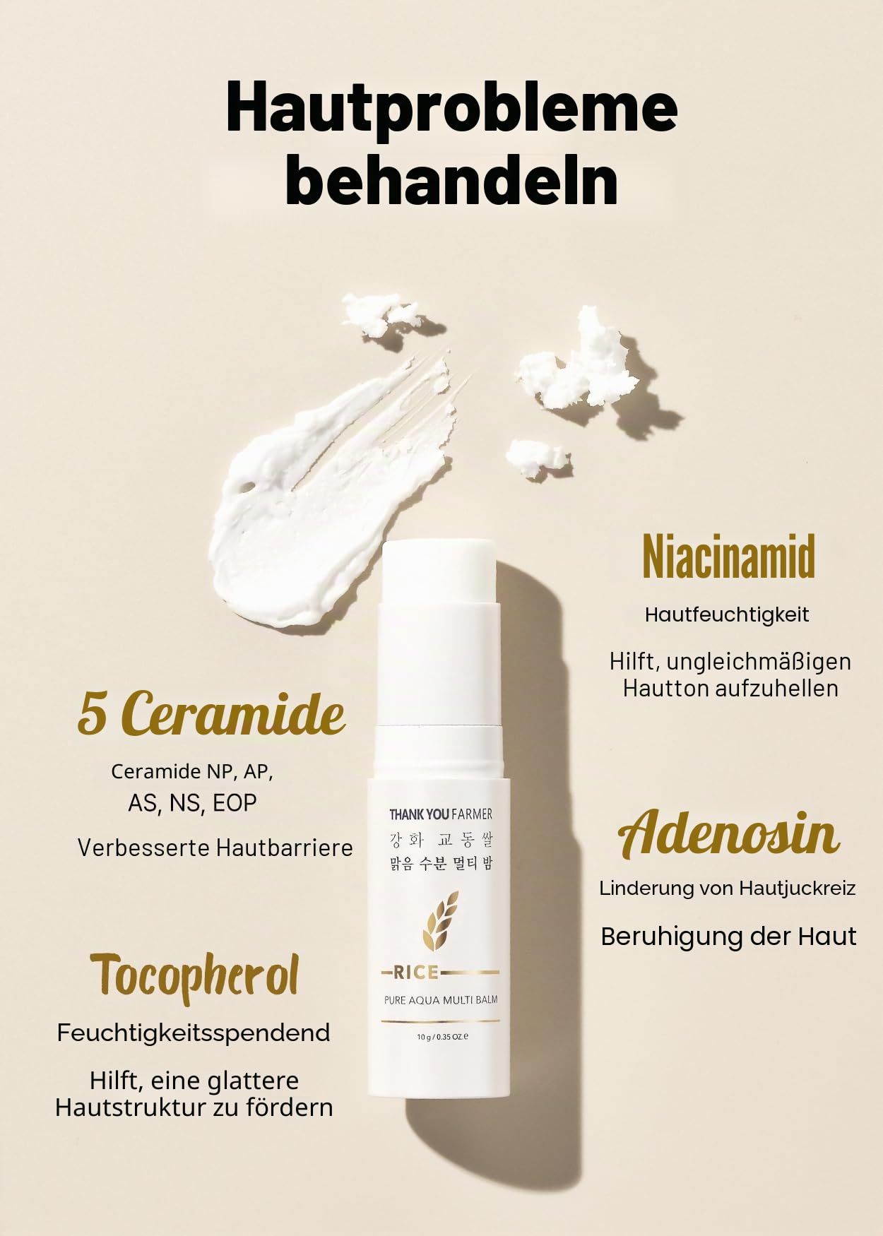 THANKYOU FARMER Rice Pure Aqua Multi Balm 10g, Koreanischer Multi Balm Stick mit Reisextrakt, Faltenpflege, Feuchtigkeit, beruhigend, duftfrei, für empfindliche Haut