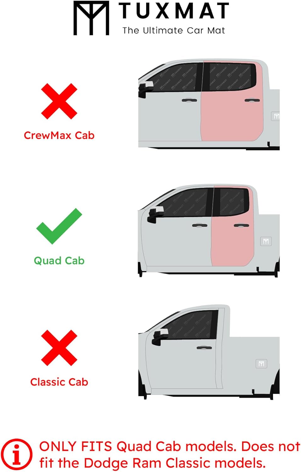 TuxMat - for Dodge Ram 1500 Quad Cab 2019-2026 Models - Custom Car Mats - Maximum Coverage, All Weather, Laser Measured - This Full Set Includes 1st and 2nd Rows