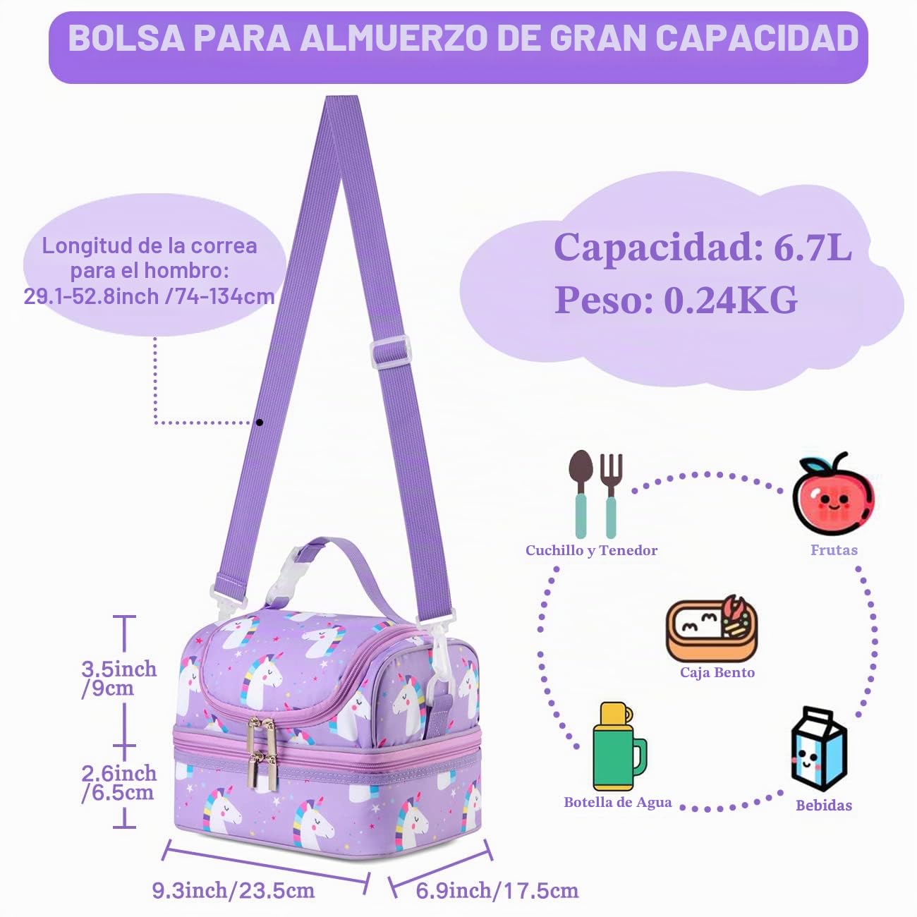 VASCHY Bolsa Térmica Porta Alimentos Infantil, Bolsa Almuerzo Niños Niñas 6.7 L de 2 Compartimentos, Isotérmica 3-4h (5-6h con Hielo) para Escuela Guardería Picnic