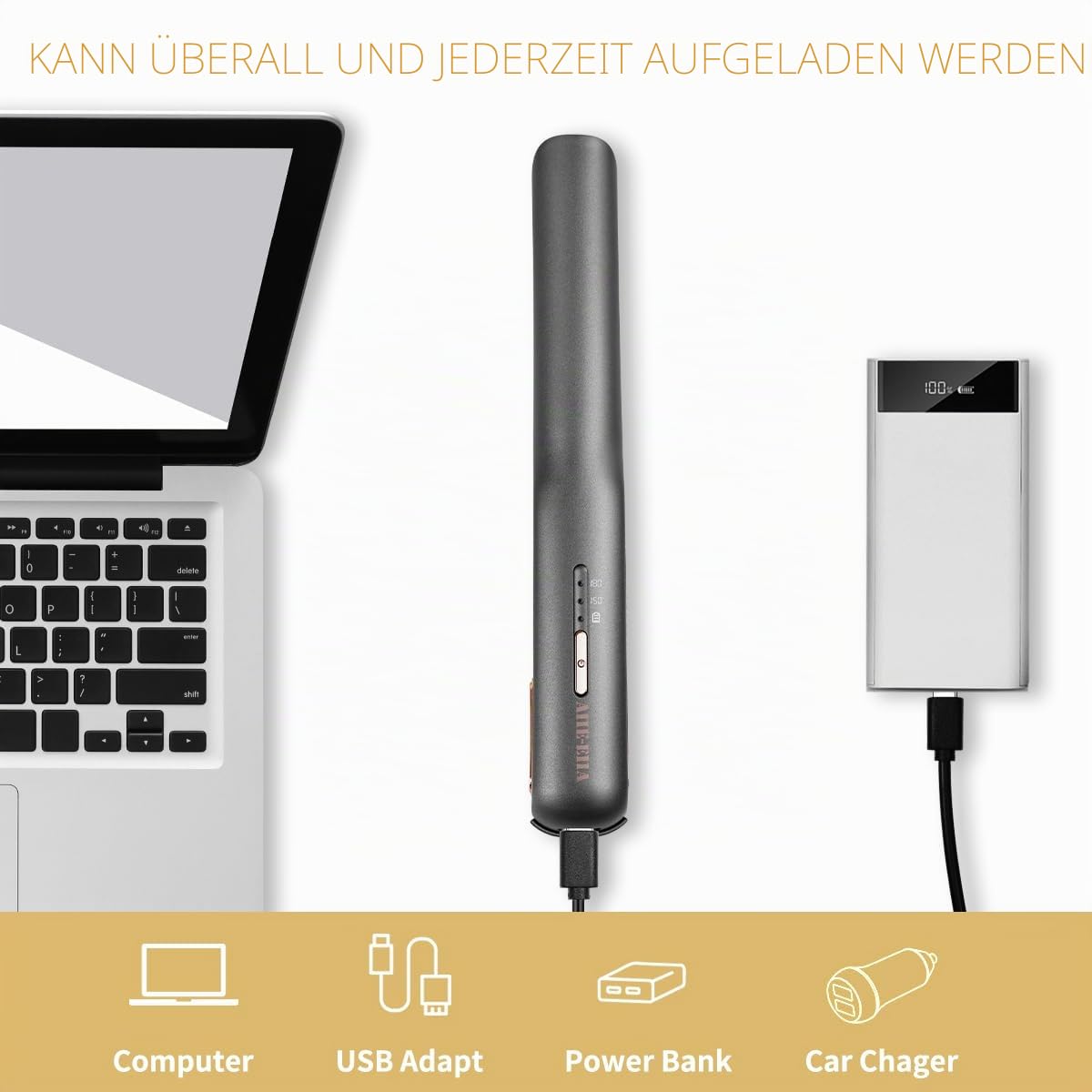 Gl?tteisen Kabellos, Mini Haargl?tter Und Lockenstab mit USB-C Aufladung, gl?tteisen ohne kabel schnellheizung mit 2 einstellbaren Temperaturen, ideal f¨¹r unterwegs (Grau)