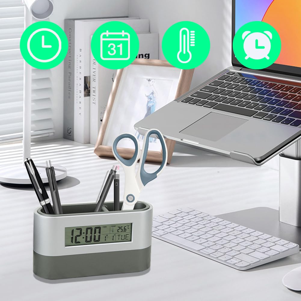 Organisateur De Bureau 2-en-1 Avec Horloge Numérique, Calendrier, Thermomètre Et Porte-Stylos | Design Maille Métallique, Noir, Pour Maison Et Bureau - 6