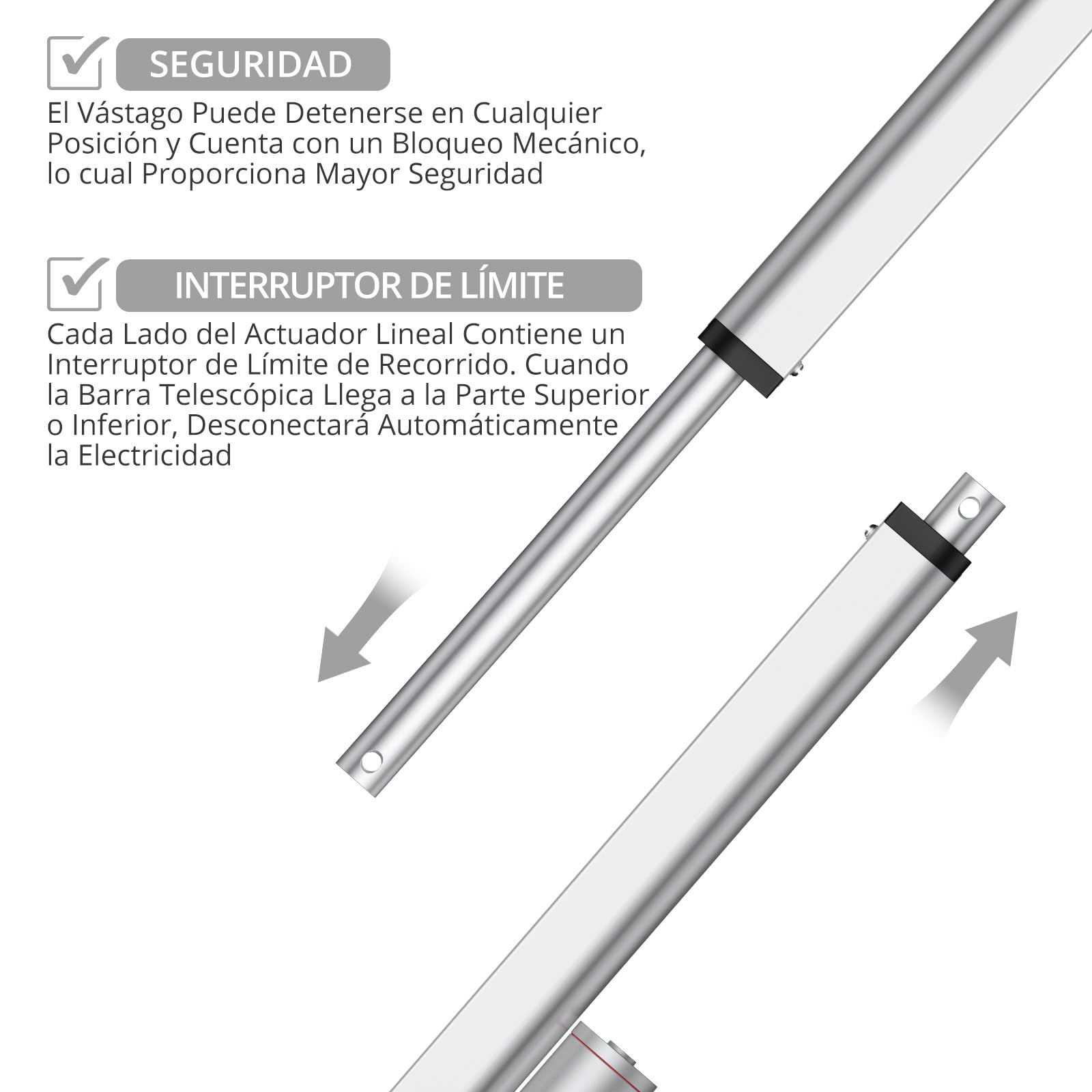 Justech Motor Actuador Lineal 250mm 12V DC 1500N 10mm/s IP65 Impermeable Aluminio Plateado