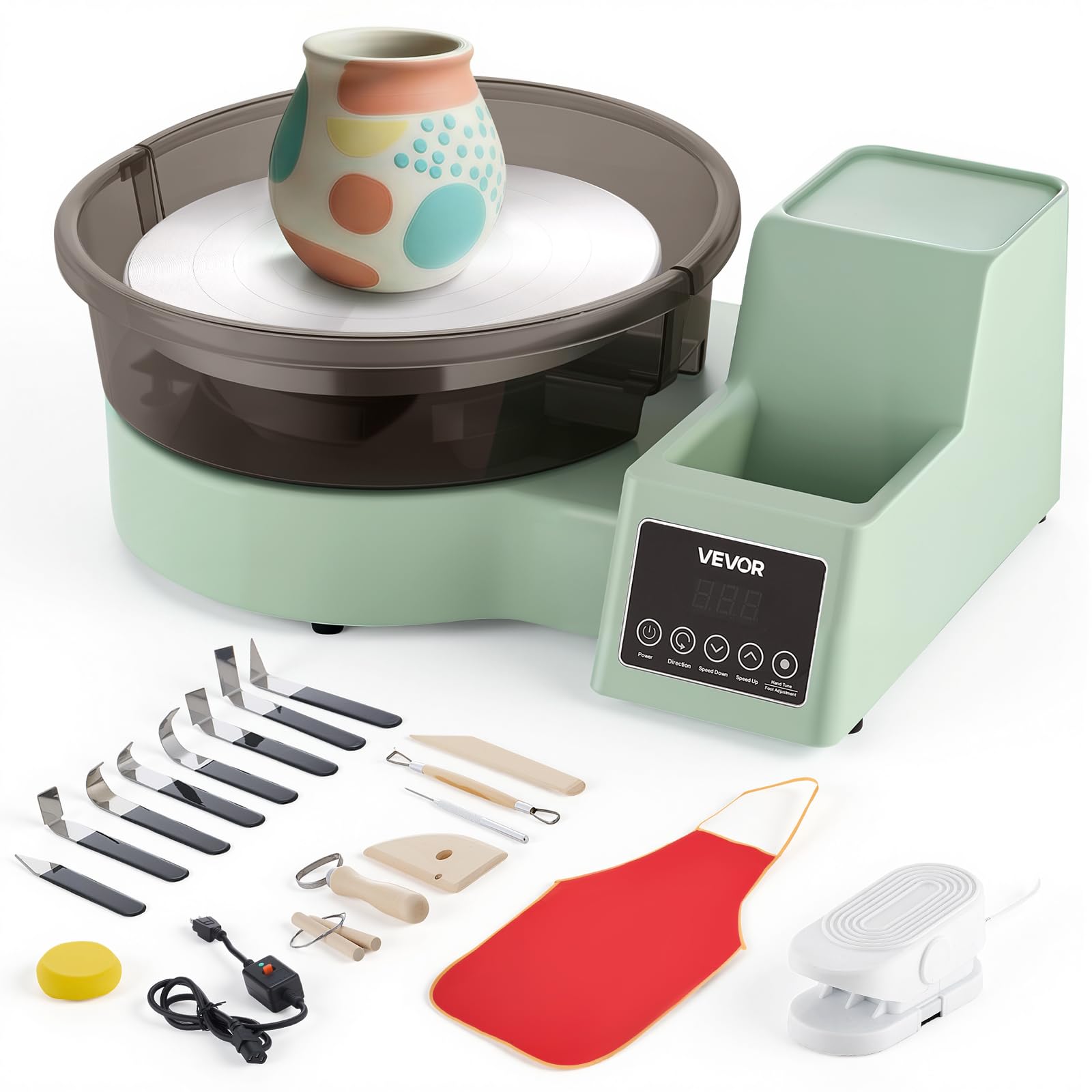 VEVOR Koło garncarskie dla dorosłych, aluminiowy gramofon 28 cm, 450 W, elektryczne koło garncarskie z pedałem nożnym, regulowana prędkość 30-300 obr./min, odłączana umywalka, dla początkujących