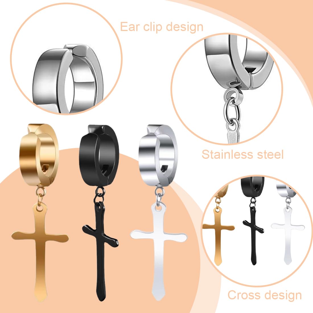 3 pares de pendientes de cruz, pendientes colgantes de cruz, acero inoxidable, pendientes de clip, juego de pendientes punk para hombre y mujer (negro, plateado, dorado)