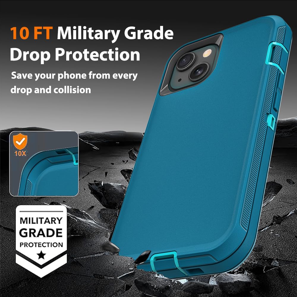 Funda para iPhone 15 Plus con 2 protectores de pantalla de vidrio templado y 1 protector de lente de cámara, grado militar, 3 en 1, resistente, a prueba de golpes, caídas y polvo (azul