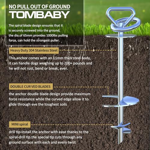 TOMBABY Dog Tie Out Cable and Stake,with 30FT Heavy Duty Cable,Dog Stake Allows Dogs Up to 200 lbs, Dog Stakes for Outside Beach,Camping, Yard, 360° Swivel Dog Anchor…