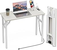 TEMI 35.8" Foldable Computer Desk with Power Outlets & USB Ports - No Assembly, Compact White Ash Desk for Small Spaces