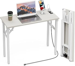TEMI 35.8" Foldable Computer Desk with Power Outlets & USB Ports - No Assembly, Compact White Ash Desk for Small Spaces