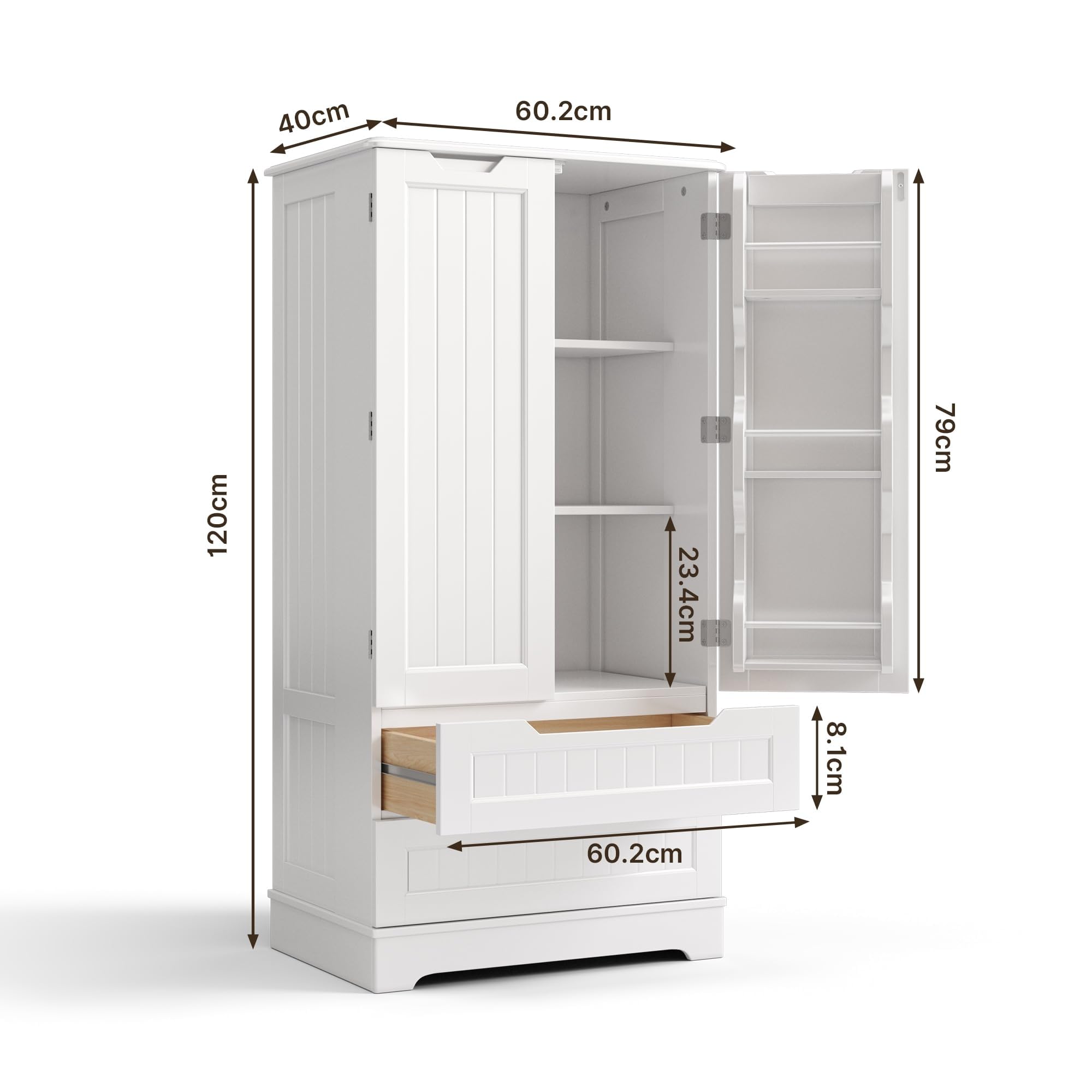 Bealife Hochschrank, Küchenbuffet mit 2 Schubladen und 2 Türen, Freistehender Küchenschrank für Küche, Esszimmer und Wohnzimmer, Weiß