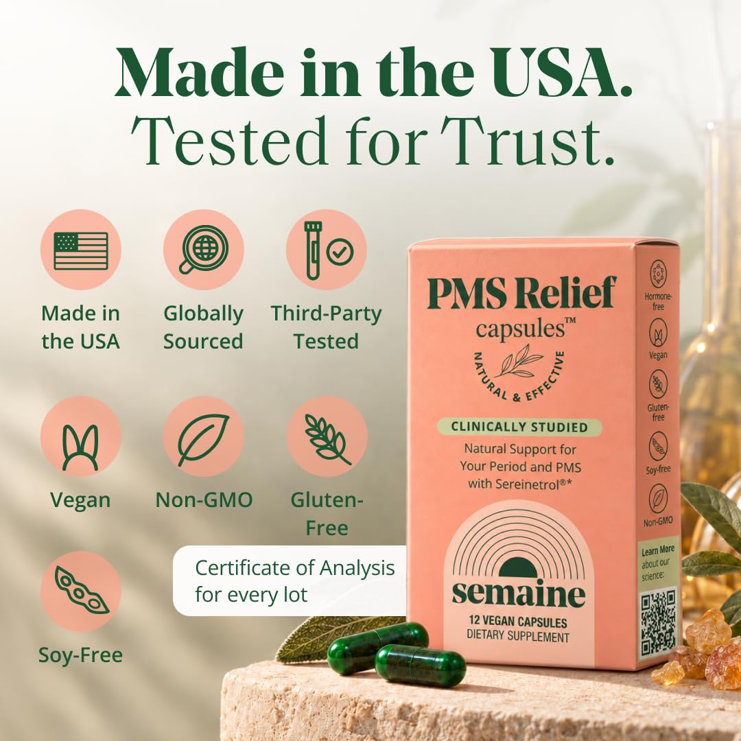 Semaine PMS Relief for Women, Period Cramp Relief, Period Cramps, Menstrual Cramps, PMS Support Supplement for Women, Bloating and Mood, Boswellia and Curcumin, 12 Capsules (Blister) — Amazon image 6