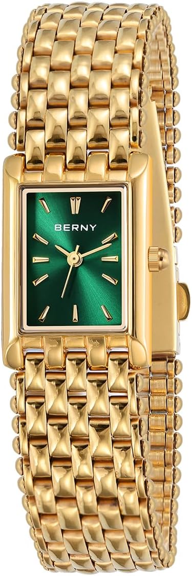 BERNY Dainty Gold Watch for Women, Rectangular Women's Wrist Watch, Small Fashion Ladies Bracelet - All Stainless Steel, Waterproof, Sun-ray Dial, Luxury Birthday Present