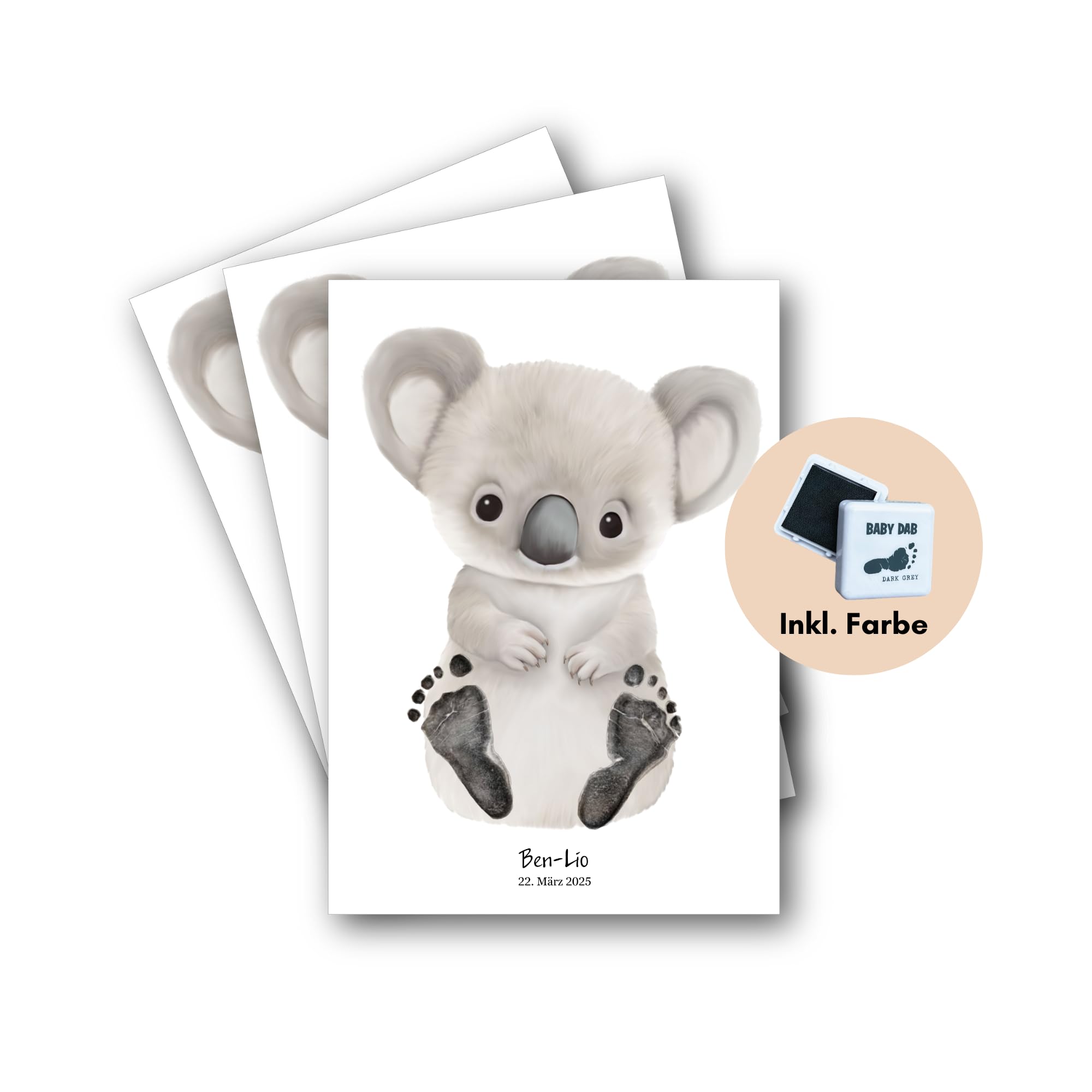 Personalisiertes Baby Fußabdruck Poster im Skandi Boho beige Stil Babyfußabdrücke auf Tier Geschenk Geburt Taufe 1. Geburtstag Junge Mädchen (Koala, DIN A4 - bis ca. 6 Monate)