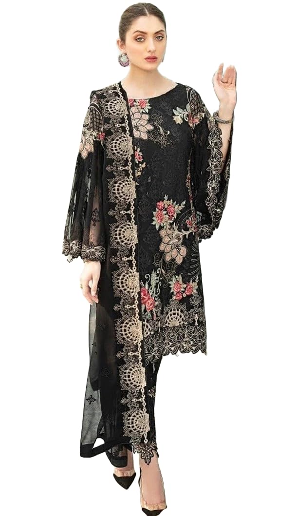 Miss Ethnik Women's Black Faux Georgette Semi Stitched Top With Unstitched Santoon Bottom Embroidered Straight Kurta Dress Material (Pakistani Salwar Suit) (ME-1068-Black)