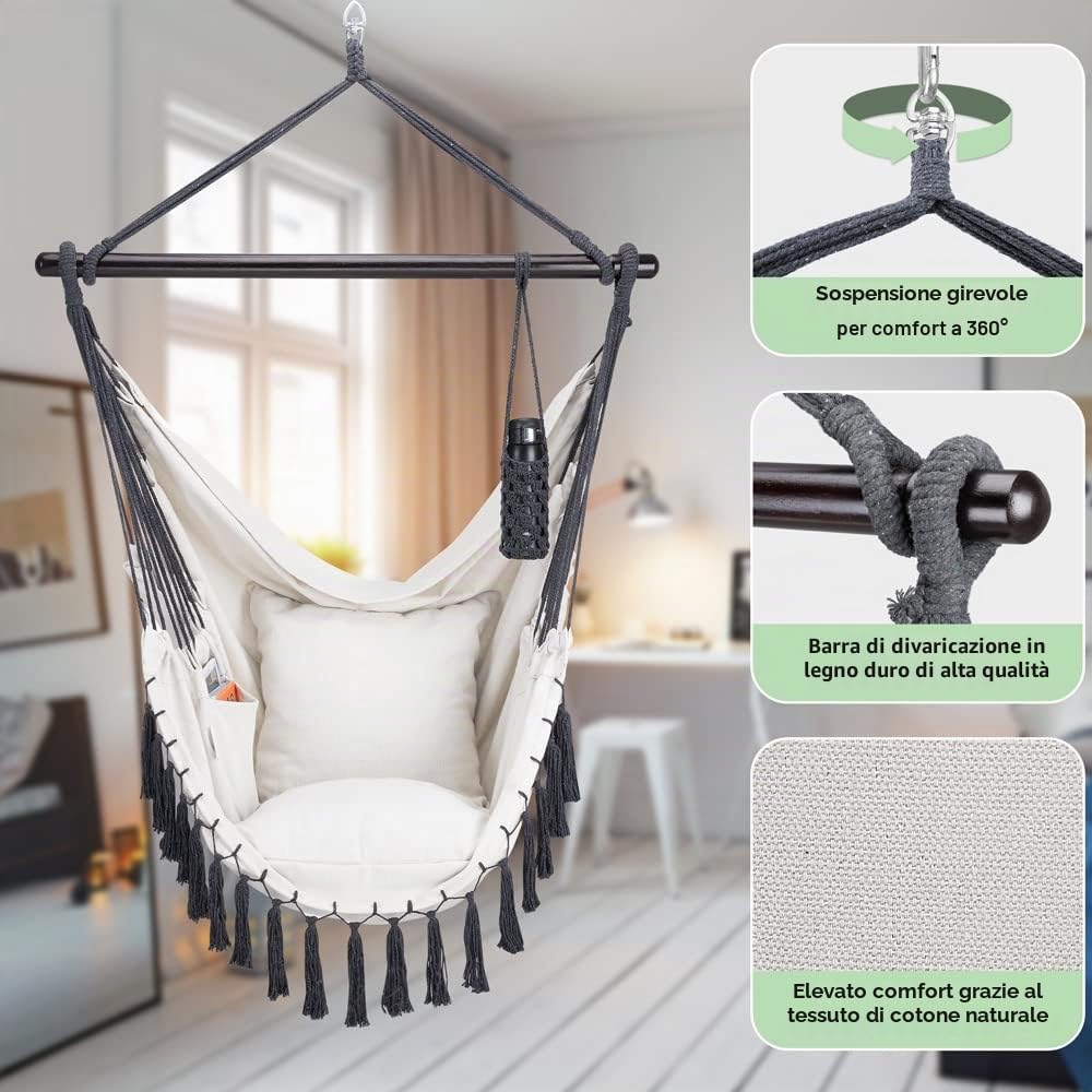 Detex Sedia Sospesa 150 kg Boho Style 2 Cuscini XL Amaca a Poltrona Portabevande Girevole 360°