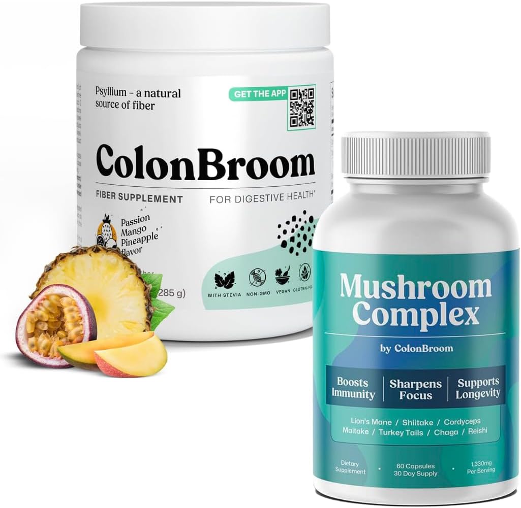 ColonBroom Psyllium Husk Powder (Tropical Fruits, 50 Servings) + Mushroom Complex, Powerful Mushroom Blend with Cordyceps, Reishi, Shiitake, Lion’s Mane Extract for Energy, Immunity (60 Capsules)