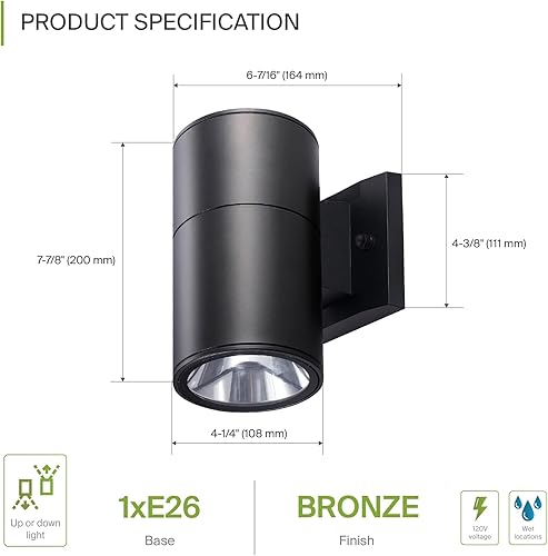 Miniatura 7 de ASD Lámpara cilíndrica de pared redonda  Enchufe E26 de 60 W, impermeable, con certificación ETL  Aplique moderno para exteriores, iluminación de