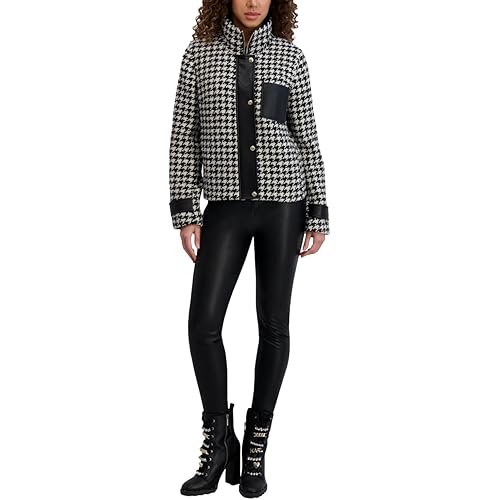 KARL LAGERFELD womens Houndstooth Short Jacket With Faux Leather Trim