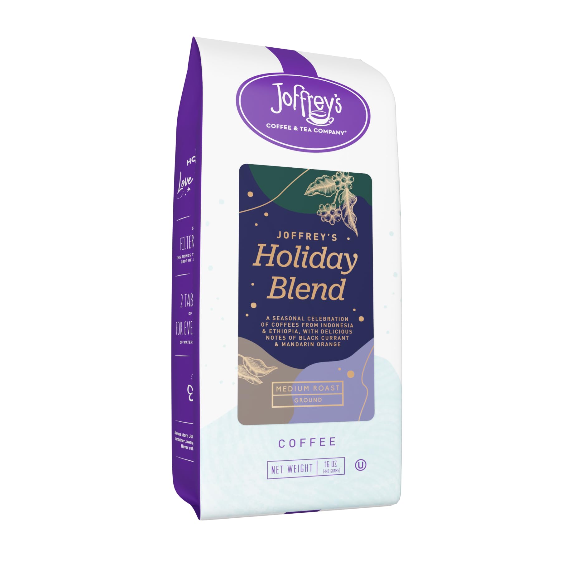 Joffrey's Coffee - Holiday Blend, Artisan Medium Roast, 100% Specialty Grade Arabica Coffee Beans From Indonesia & Ethiopia, Gluten-Free, Kosher, No Sugar (Ground, 16 oz)