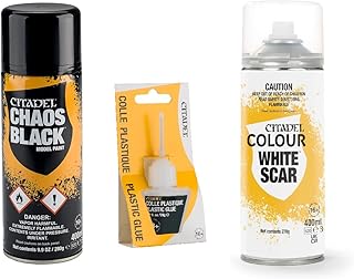 Citadel Bundle: Chaos Black and White Scar Spray Paint with Citadel Plastic Glue
