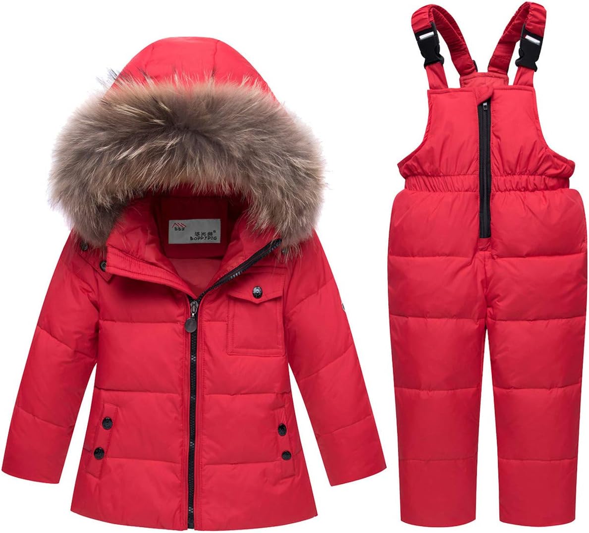 Baby Girls and Boys Winter Warm Hooded Fur Trim Zipper Snowsuit Puffer Down Jacket with Snow Ski Bib Pants