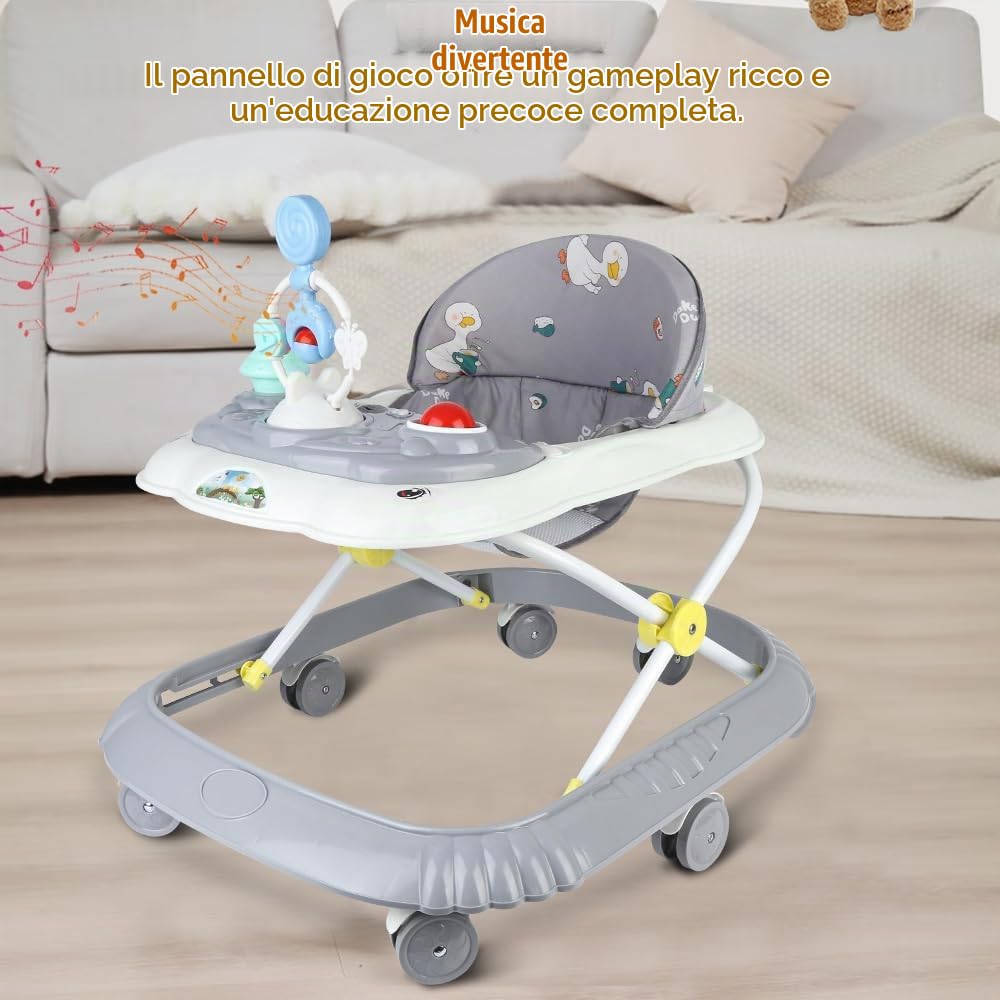 Girello pieghevole per bambini, girello per bambini, con vassoio di attività musicali rimovibile, stazione di gioco elettronica rimovibile con luci e melodie, altezza regolabile (grigio)