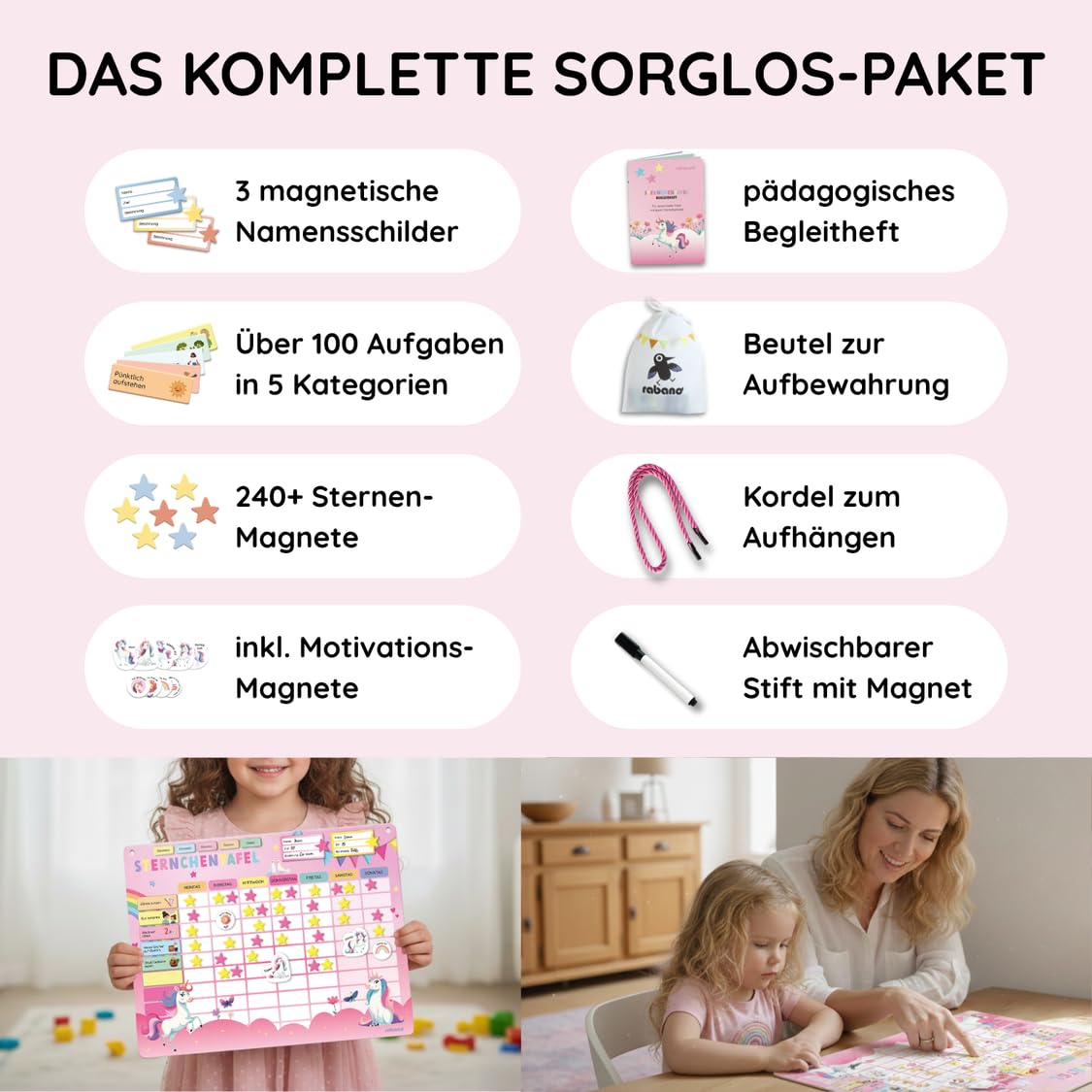 Rabano Belohnungstafel für Kinder – [400 Magnete + über 100 Aufgaben] - Belohnungssystem - Routine Planer & Wochenplaner Kinder, Haushaltsplan (Einhorn)
