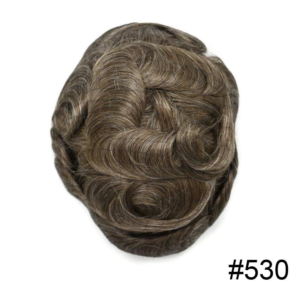 Hair Units For Men Invisible PU Replacement Mens Hair System Ultra Thin Skin 0.06mm Mens Toupee Hand Tied European Human Hair Natural Looking Soft Mens Hair Piece (8''X10'', #530 5# MEDIUM LIGHT BROWN WITH 30% SYNTHETIC GREY-90% light density)