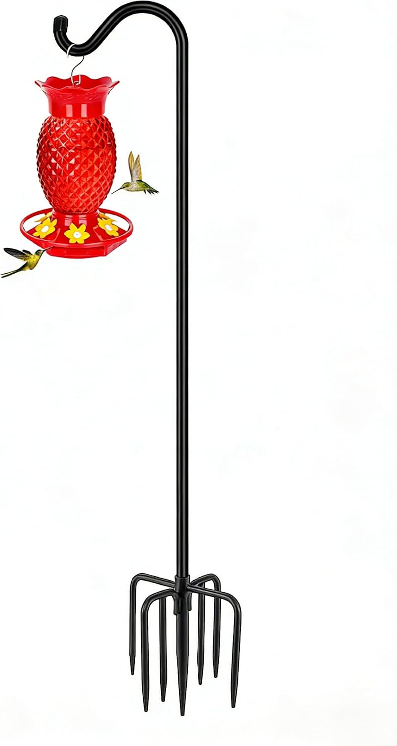 Gtongoko Shepherds Hook for Outdoor, 92 Inch Bird Feeder Pole with 7 Prongs Base, 3/4 Inch Thick Heavy Duty Adjustable Garden Hook for Hanging Plant, Hummingbird Feeder, Lantern, 1 Pack