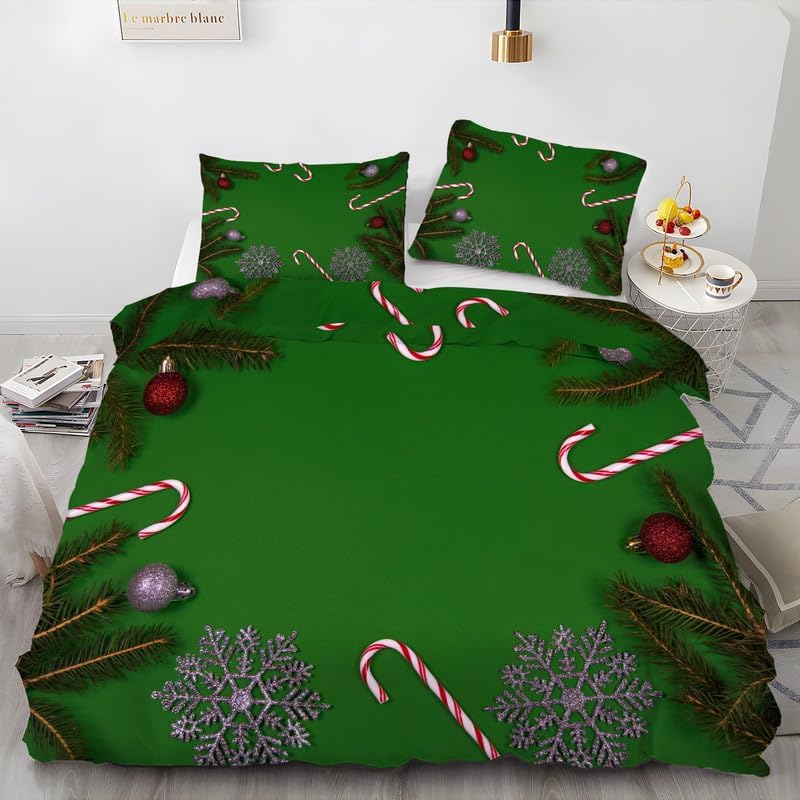 Juego de funda de edredón tamaño King con estampado de copos de nieve de color verde oscuro, funda de edredón de microfibra suave y 2 fundas de
