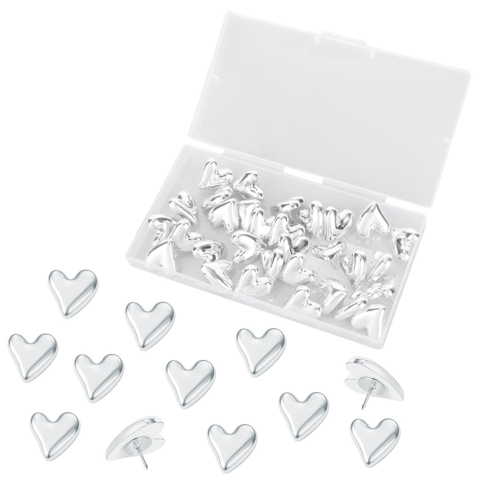 30pcs Heart Push Pins, Decorative Cute Thumb Tacks for Cork Board Bulletin Board Drawing Wall Home Office Posters Photos Postcards Maps Fixing Hanging Pictures (Silver)