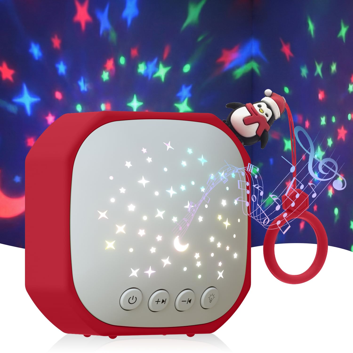 Portable Sound Machine for Baby Sleep Aid Relaxation | White Noise Machine with Star Projector | Calm Soother Music Sound with Hook for Nursery, Travel, Bedroom,Christmas Holidays Gifts (Penguin)