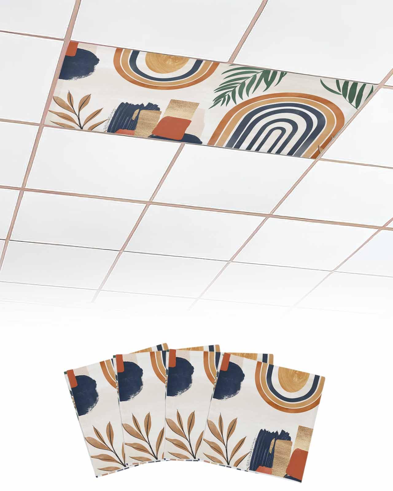 Abstract 4 Pcs Fluorescent Light Covers for Ceiling Lights, Bohemian Palm Leaf Art Magnetic Light Filters for Eliminate Harsh Glare Classroom Office Decoration, 4 x 2 Ft