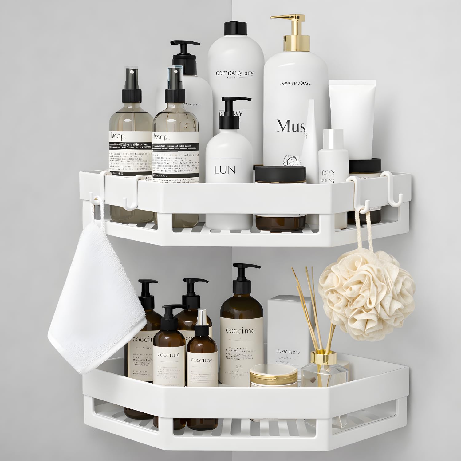 No Drill Bathroom Corner Shelf Organizer | Wall Mounted Plastic Corner Rack for Bathroom & Kitchen | 2-Tier Shelves with 4 Hooks | Rustproof, Heavy Duty Storage | White (Set of 2)-image-40