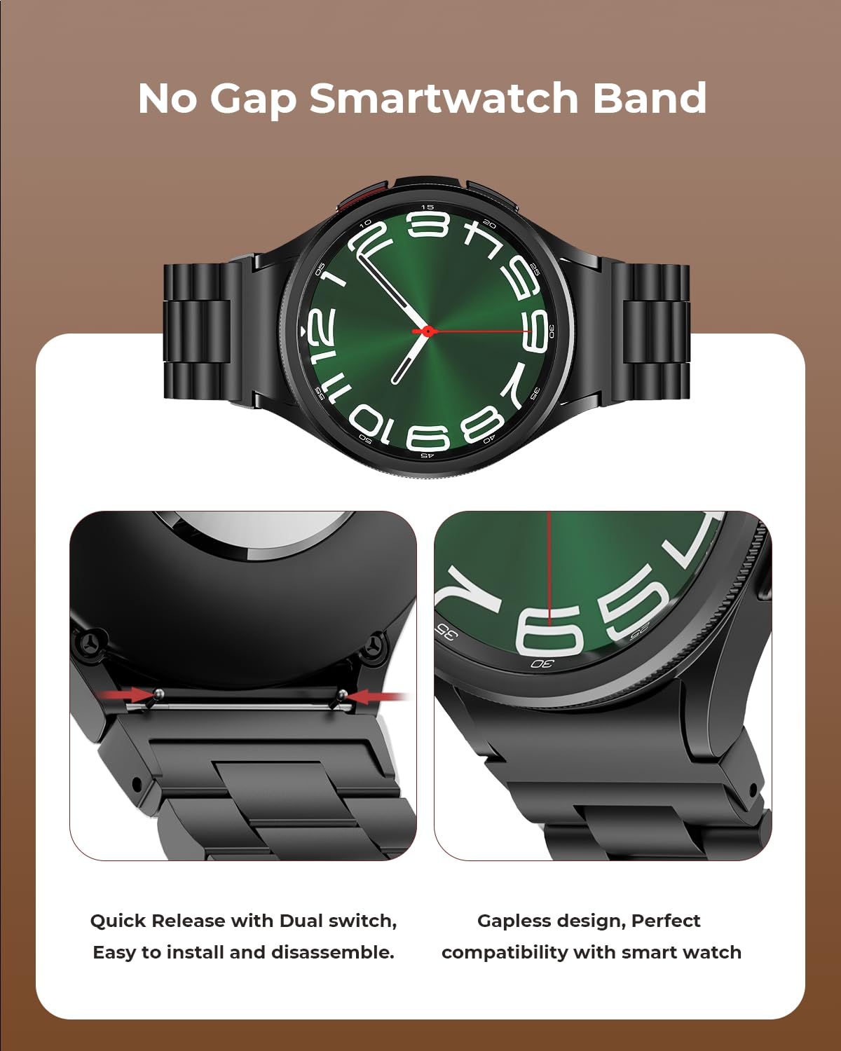 SUNDAREE Compatibile con Cinturino Samsung Galaxy Watch 6 4 Classic 47MM 46MM 43MM 42MM LTE/Watch 7 6 5 4 44MM 40MM/FE/5 Pro 45MM,Nero No Gap Uomo Metallo Acciaio Orologio Cinturini Ricambio Band