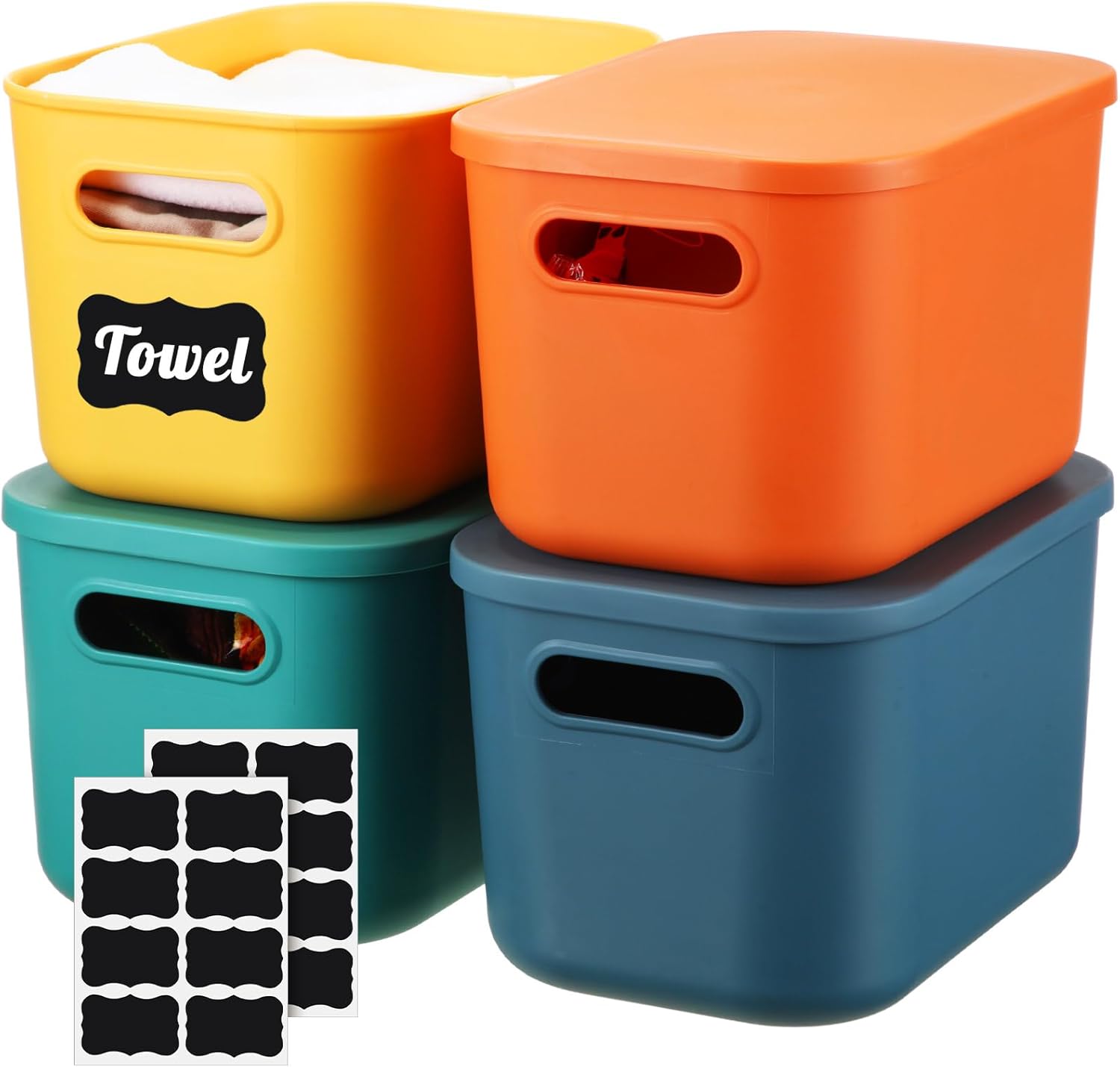 Tanlade 4 Pcs Plastic Storage Bins Stackable Baskets with Lid and Handle Colorful Desktop Storage Box Cubby Containers for Shelf Bedroom Office, Include 1 Erasable Marker, 16 Stickers(10 x 7 x 6 in)