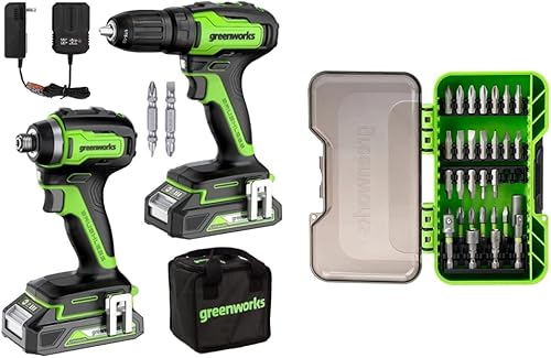 Greenworks Kit combinado de taladro/destornillador sin escobillas de 24 V + impulsor de impacto, baterías y cargador incluidos, con juego de brocas