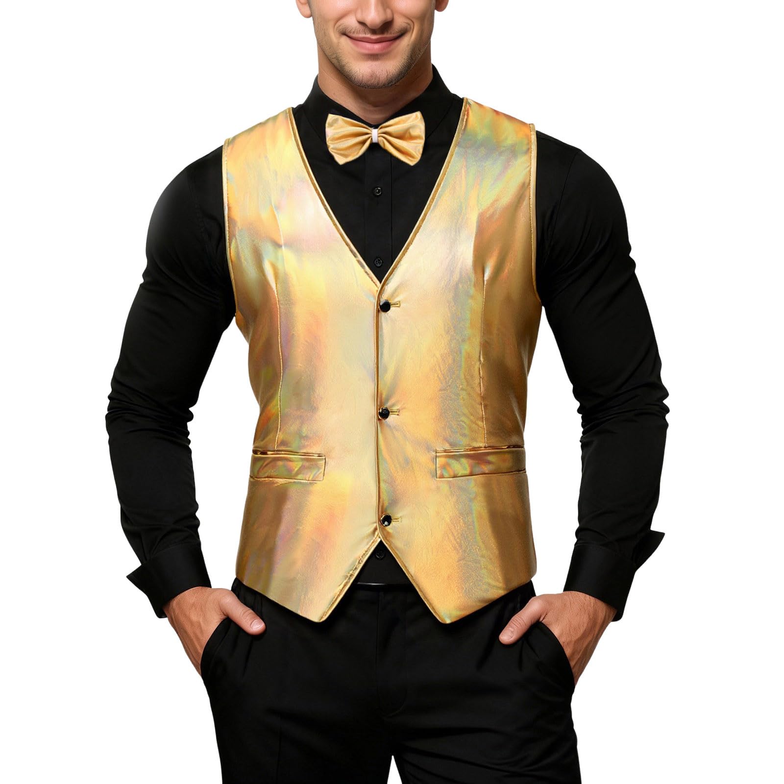 Panciotto Uomo Estivo Gilet Elegante Abito Glitter Costumi Spettacolo Carnevale Giacca Lucido Fashion Slim Fit Medievale Casual Paillettes