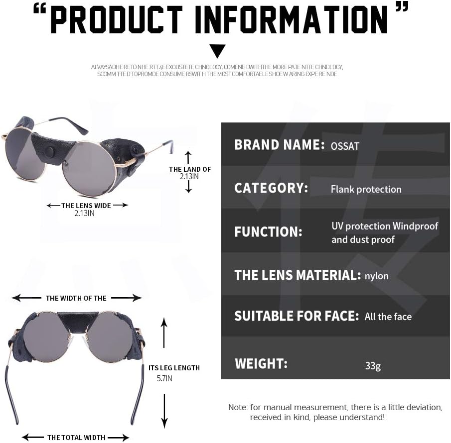 OSSAT sunglasses with side shields round Steampunk eyewear cowhide Shield wind proof sunshade For Men Women metal Frame