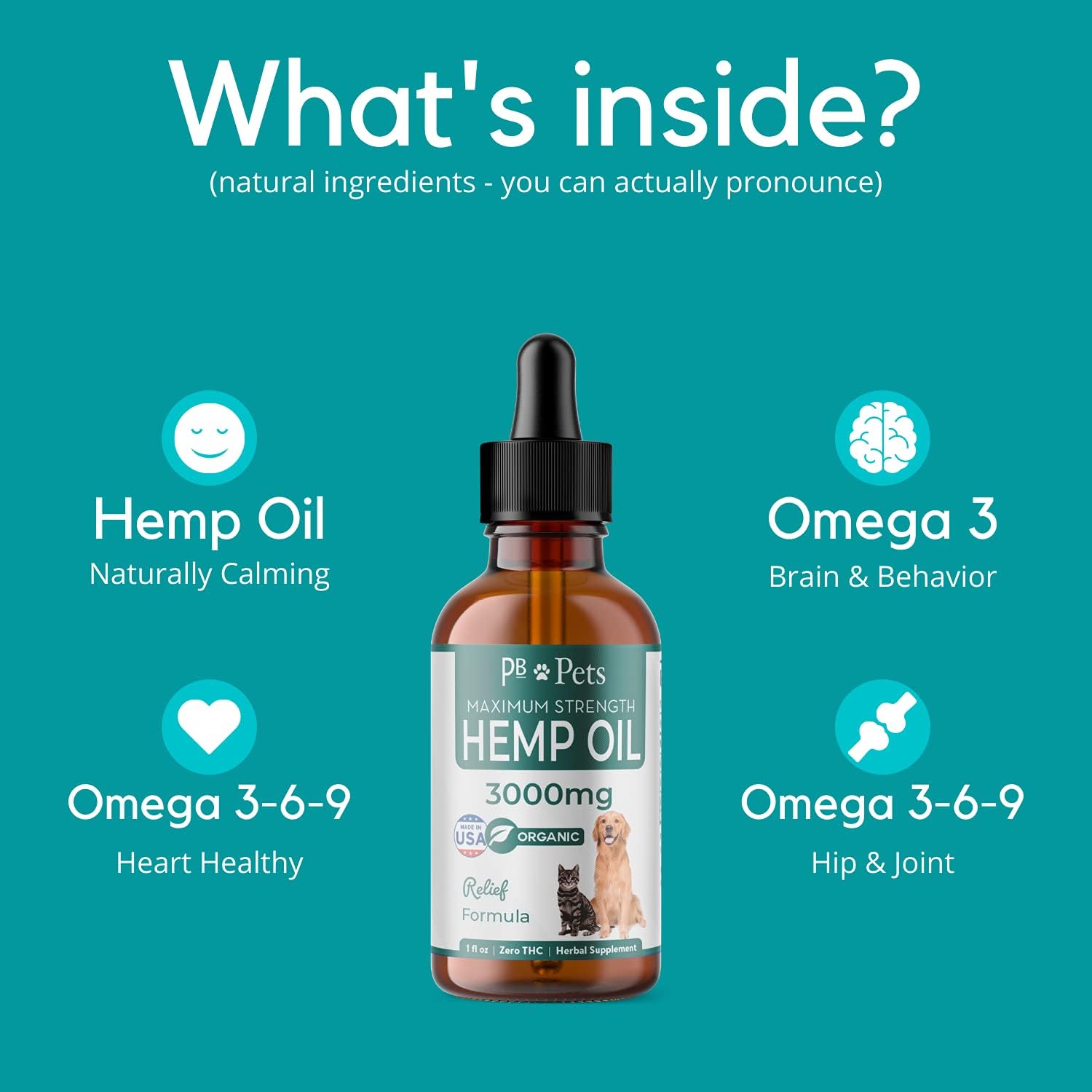 PB Pets Hemp Oil for Dogs and Cats - Organically Grown & Made in USA - Pet Relief Herbal Supplement, Natural Calm, Hip & Joint Support, Pain, Skin Health : Pet Supplies
