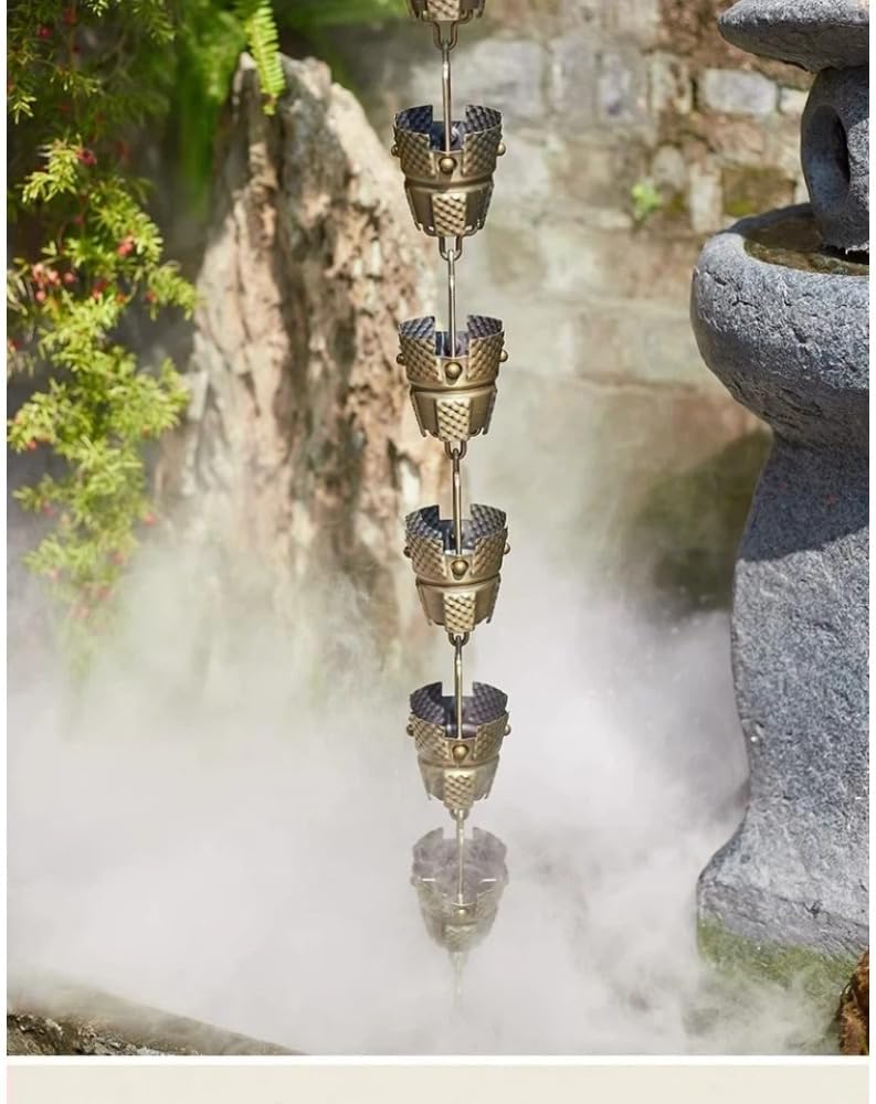 Heavy Duty Rain Chain with 14 Bronze Dings, 80 Inch Decorative Rain Chains for Gutter, Downspout and Outside Drain, Electroplated Antique Hanging for Outside (Gold)